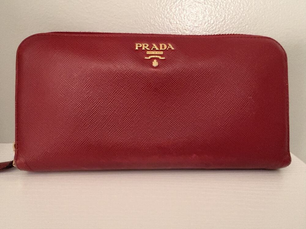 Prada Saffiano Leather Zip Around Wallet Red Gold Hardware Continental Wallet